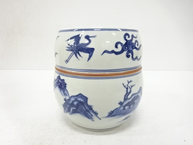  巽窯造　染付　山水雲鶴銅〆　水指